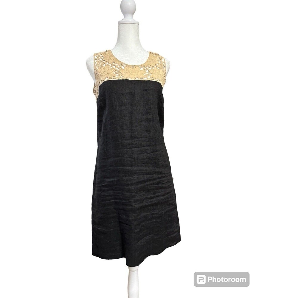 LOFT Black Midi Dress with Beige Lace Yoke